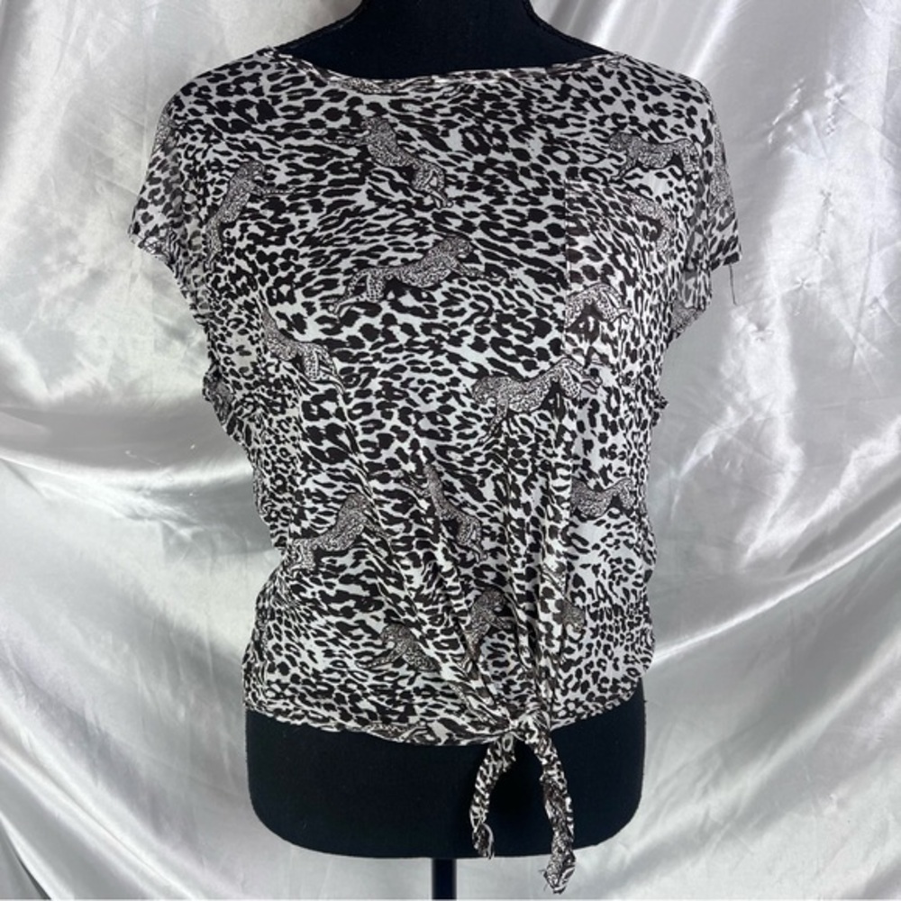 French Laundry Sheer Cream & Brown Cheetah Tie-Front Tee Y2K - Picture 2 of 8